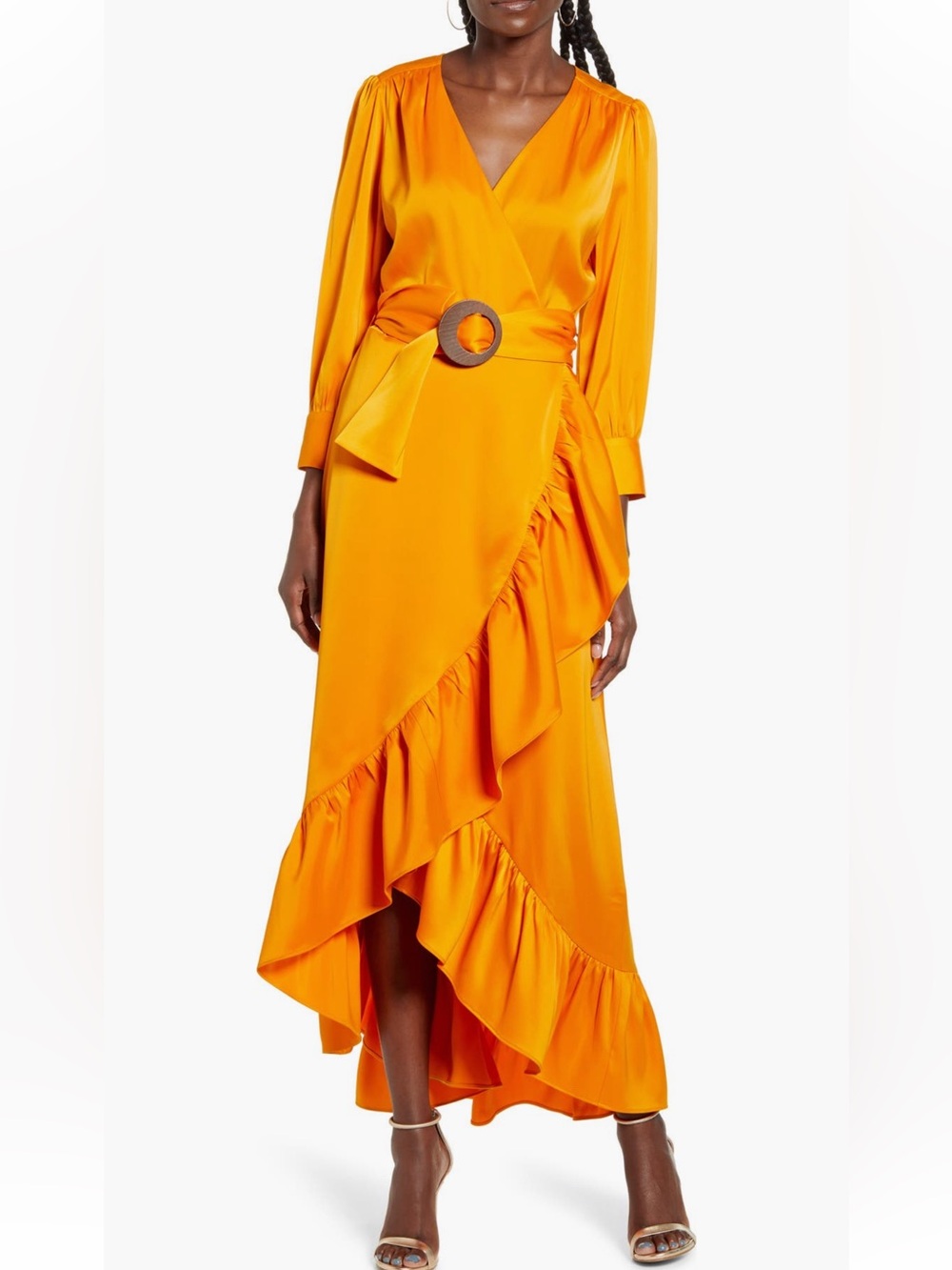 Wayf Orange High-Low Ruffle Wrap Skirt with Belt